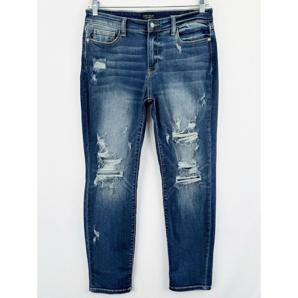 Judy Blue Jeans Womens 31 Blue Boyfriend Ripped StretchTapered Faded Comfy Denim